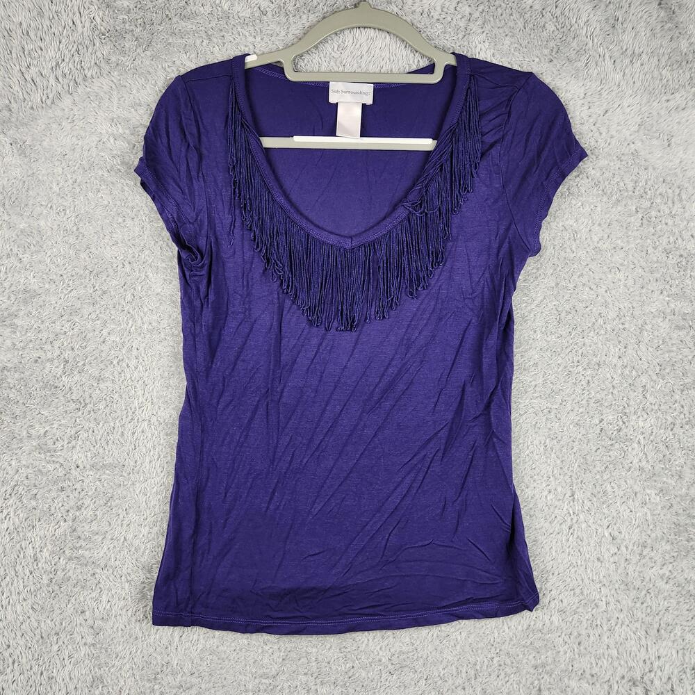 Vintage Soft Surroundings Shirt Womens Small Purple Fringe Scoop Neck Boho Goth